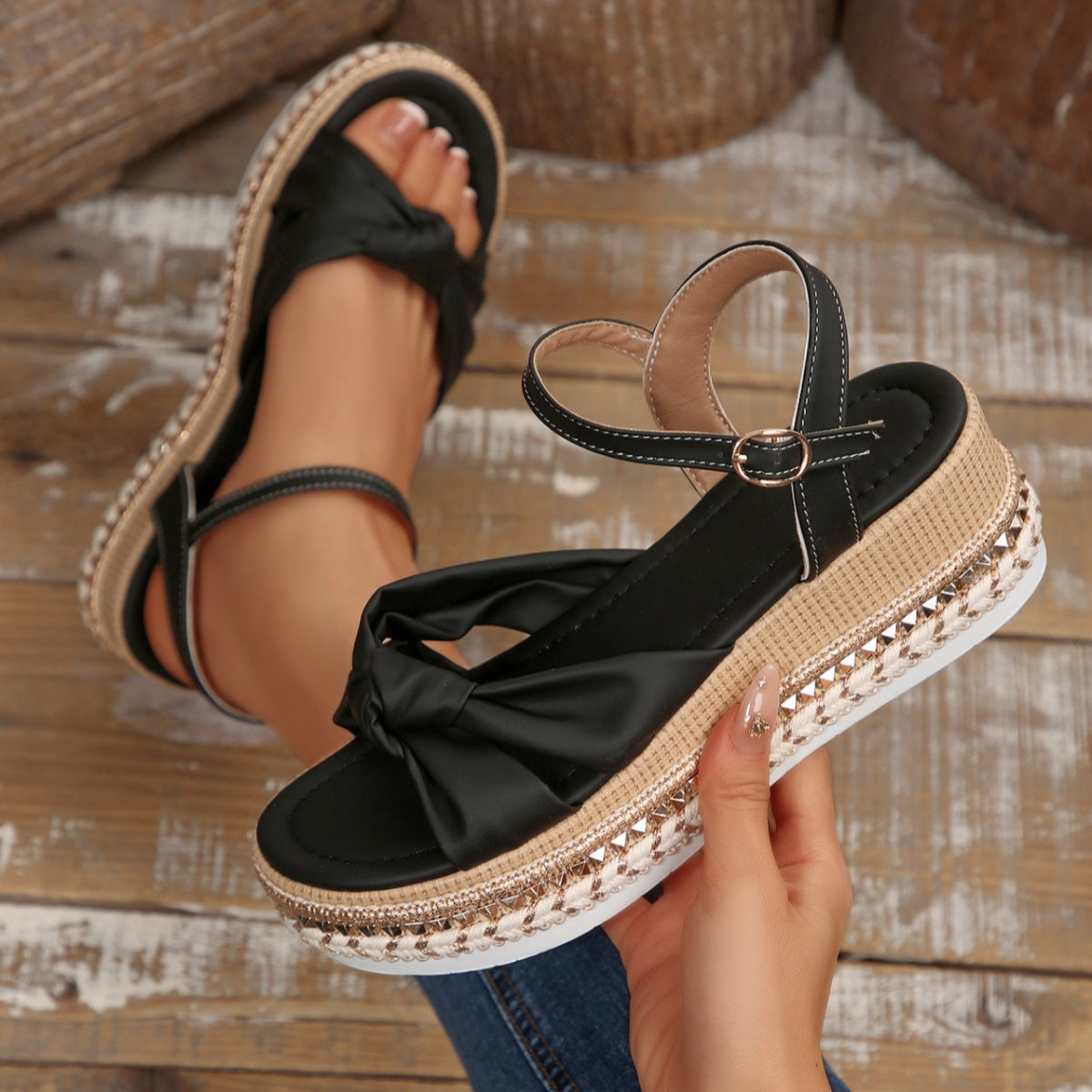 Women’s Bow Knot Platform Wedge Sandals – High Heel PU Leather Shoes | 5 Colours