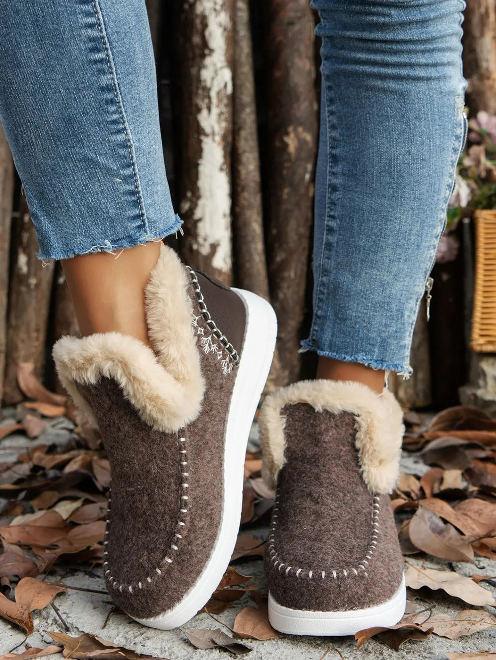 Women's Furry Suede Round Toe Flat Sneakers | Faux Fur Casual Shoes