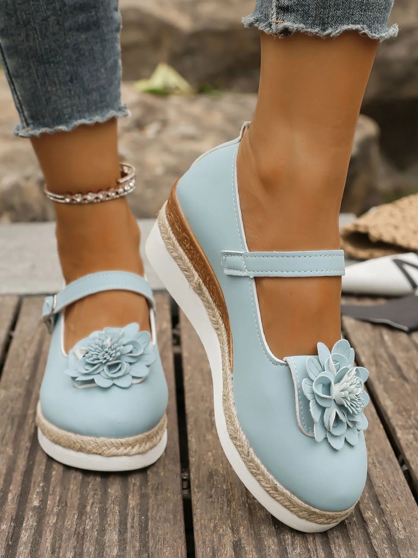 Women's Flower Embellished Mary Jane Loafers | Low Heel PU Leather Shoes
