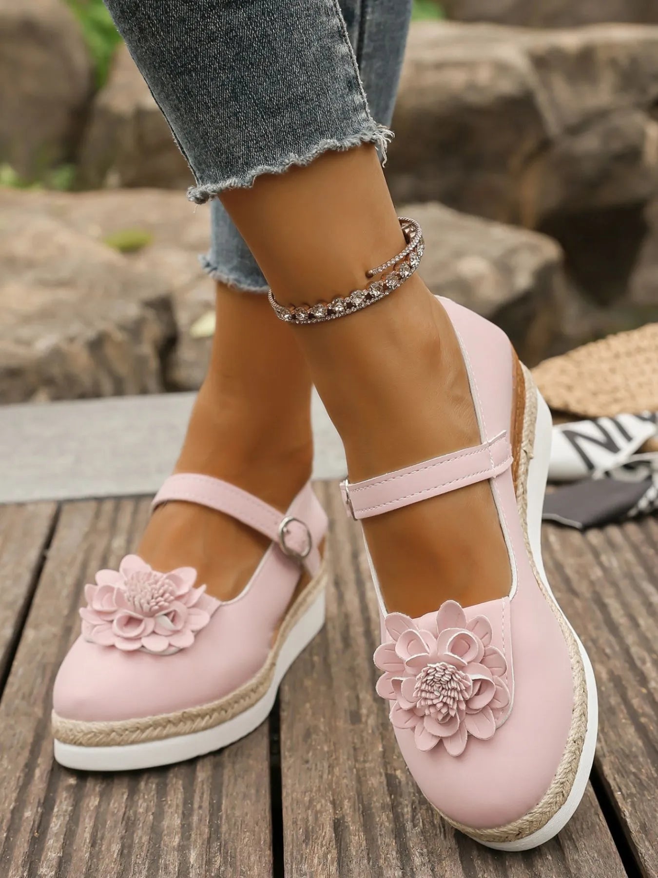Women's Flower Embellished Mary Jane Loafers | Low Heel PU Leather Shoes