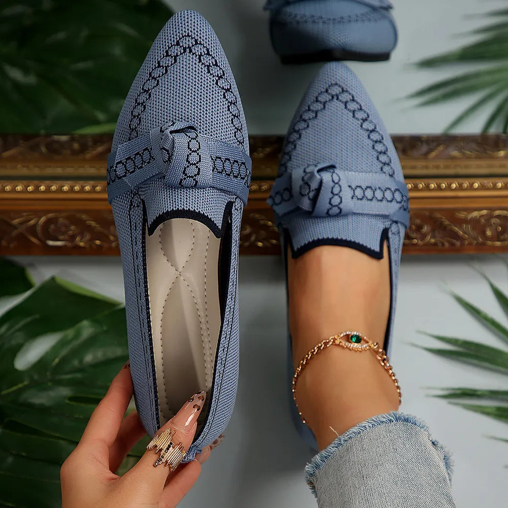 Women's Knitted Slip-On Flats with Bow | Mesh Comfort Shoes