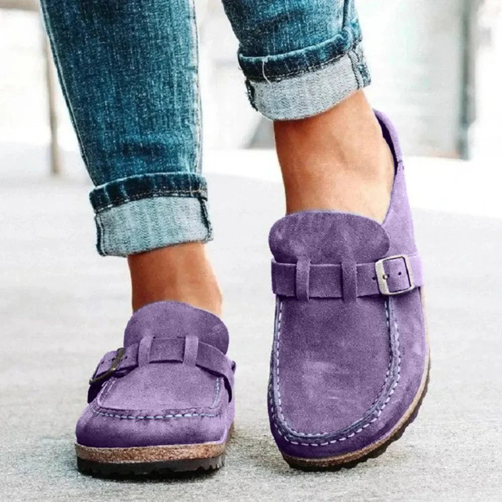 Women's Round Toe Low Heel Buckle Loafers | PU Leather Casual Shoes