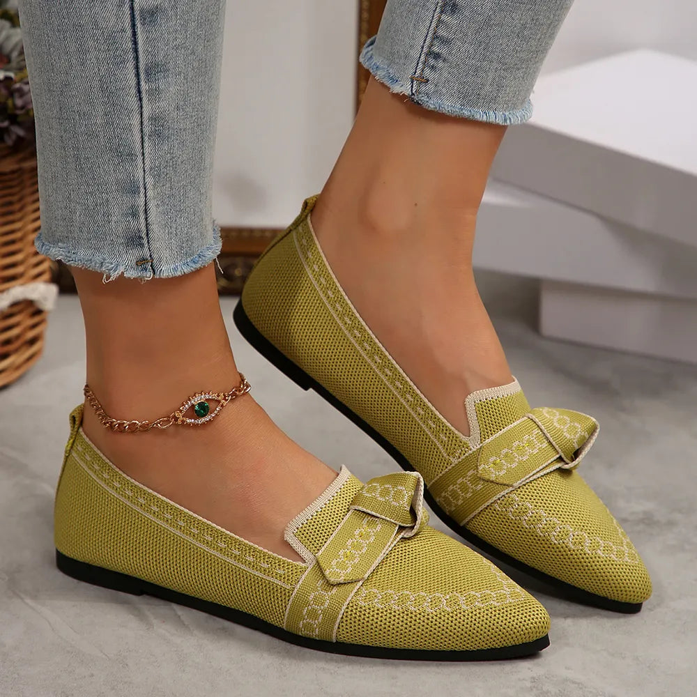 Women's Knitted Slip-On Flats with Bow | Mesh Comfort Shoes
