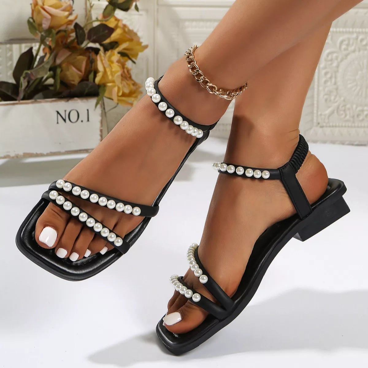 Women's Pearl Embellished Open Toe Sandals – PU Leather Low Heel