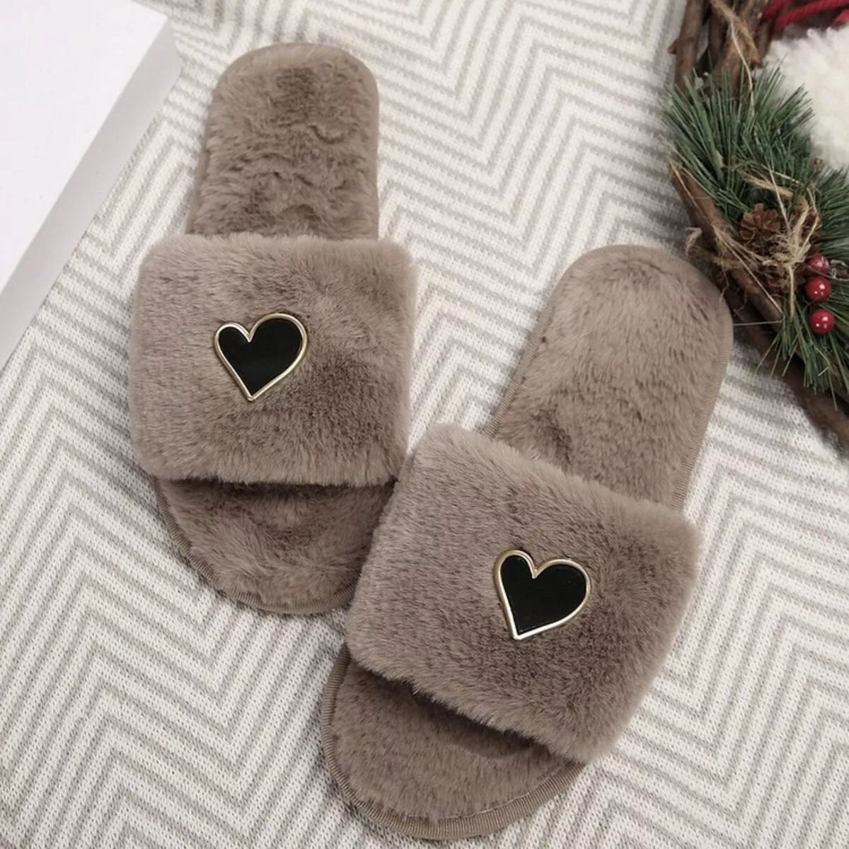 Women's Heart Open Toe Flat Slippers | Fluffy PU Leather Slip-On Sandals in 3 Colors EU 36-43