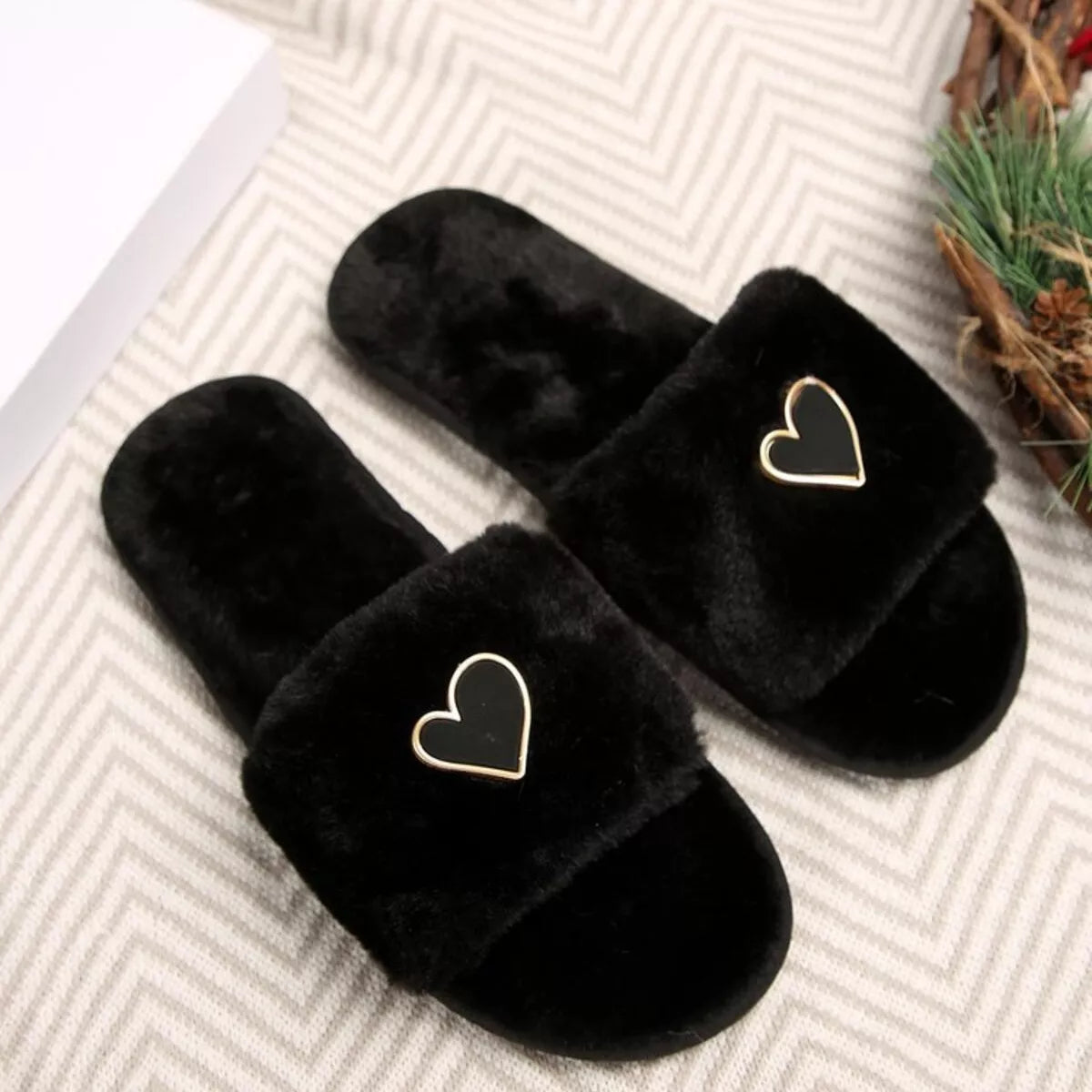 Women's Heart Open Toe Flat Slippers | Fluffy PU Leather Slip-On Sandals in 3 Colors EU 36-43
