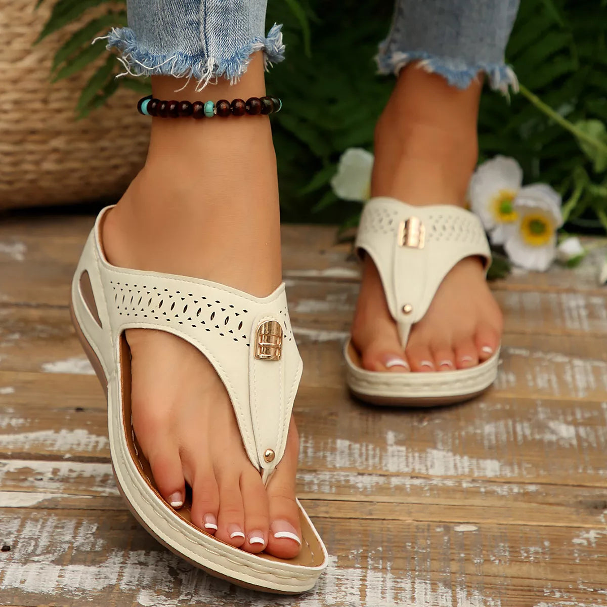 Women's Toe Post Wedge Sandals | PU Leather Low Heel Summer Shoes