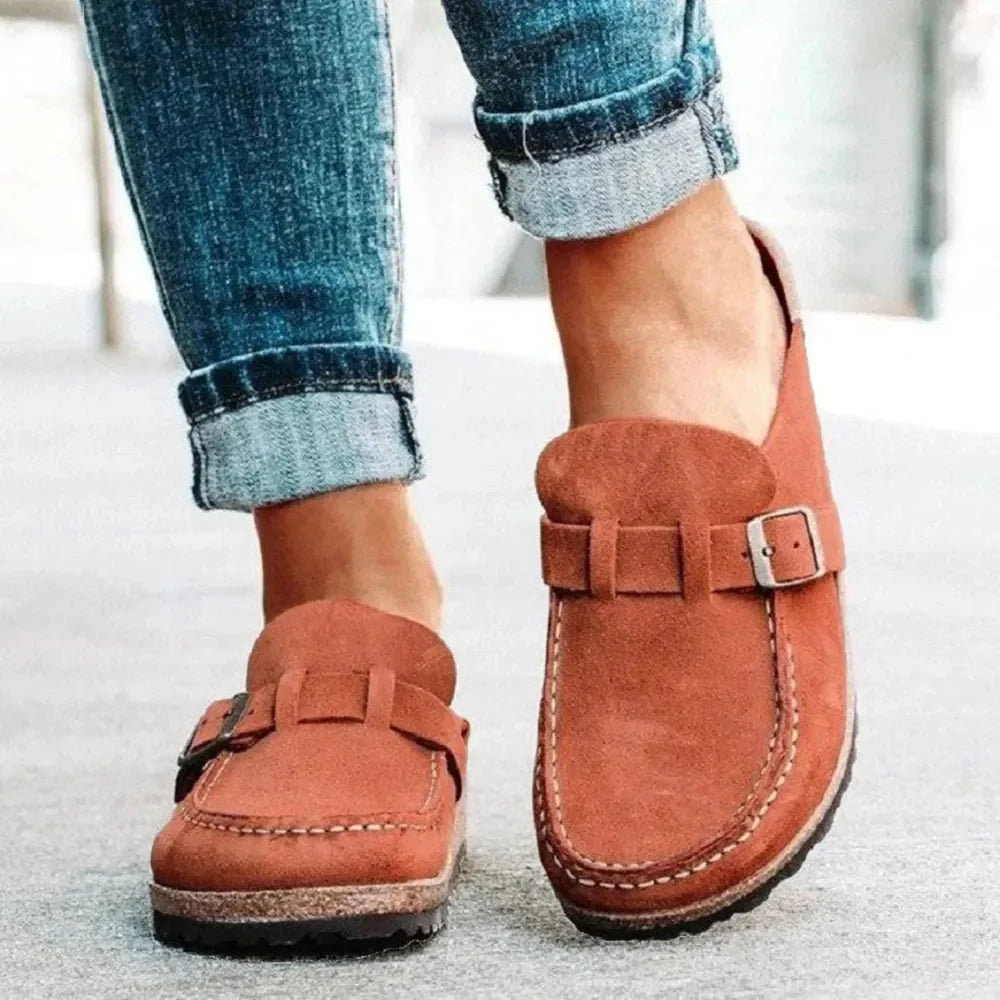 Women's Round Toe Low Heel Buckle Loafers | PU Leather Casual Shoes