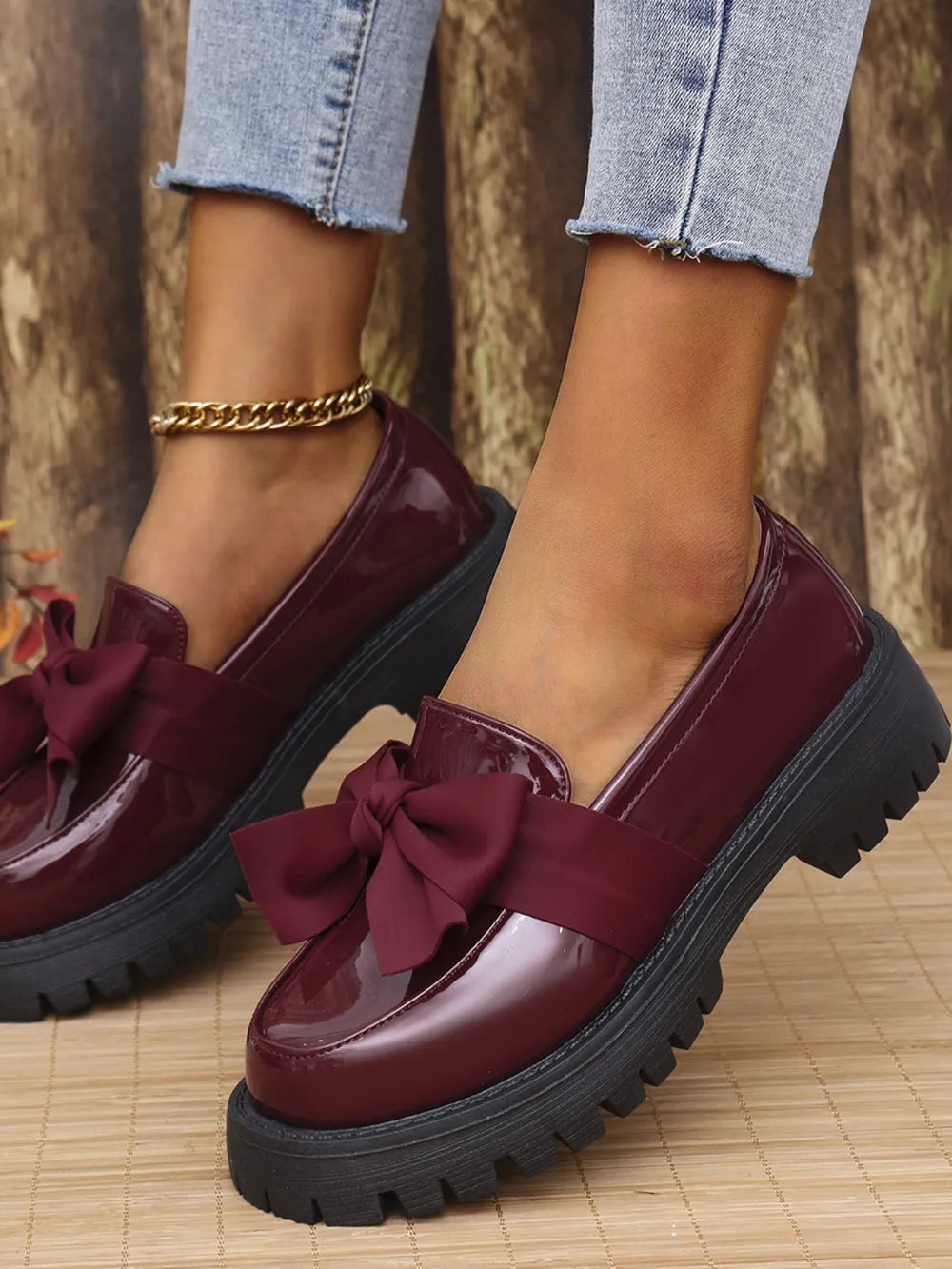 Women's Bow PU Leather Round Toe Loafers | Mid Heel Slip-On Shoes