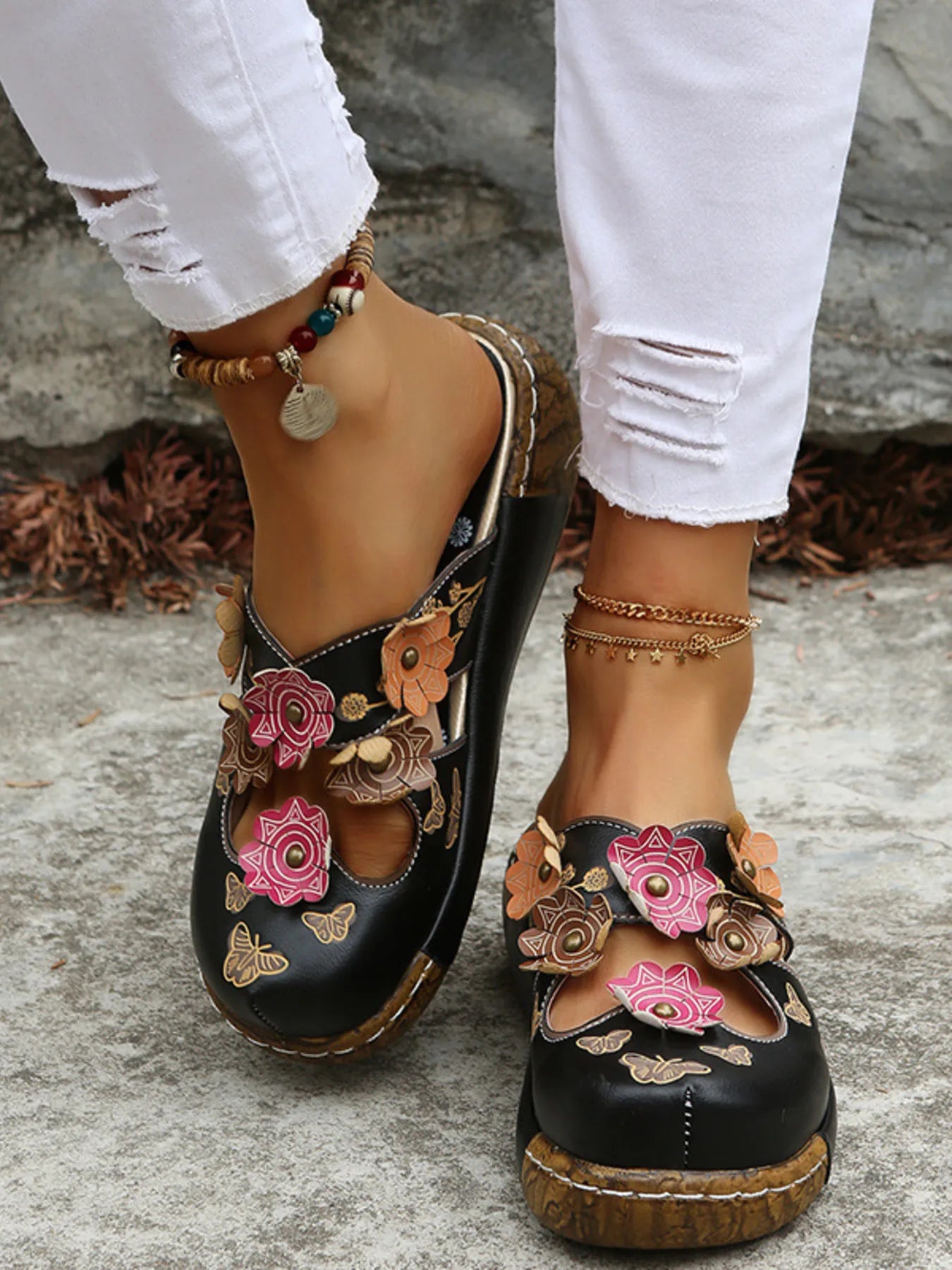 Women's Floral Flat Sandals | PU Leather Open Toe Summer Shoes