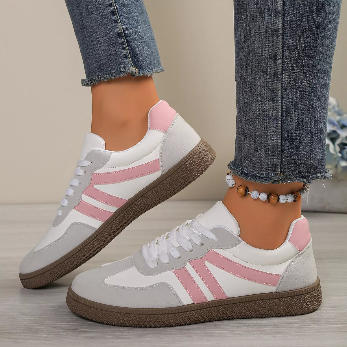 Women’s Striped Lace-Up Casual Sneakers – Suede Flat Fashion Shoes | Brown & Pink