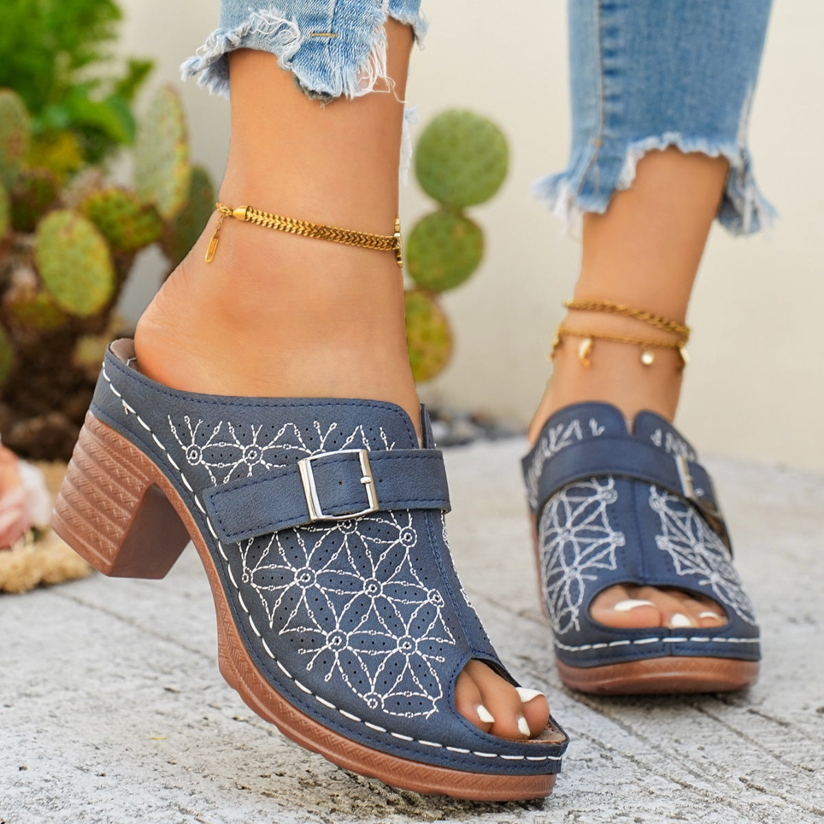 Women's Buckle Decor Block Heel Sandals – PU Leather Mid Heel