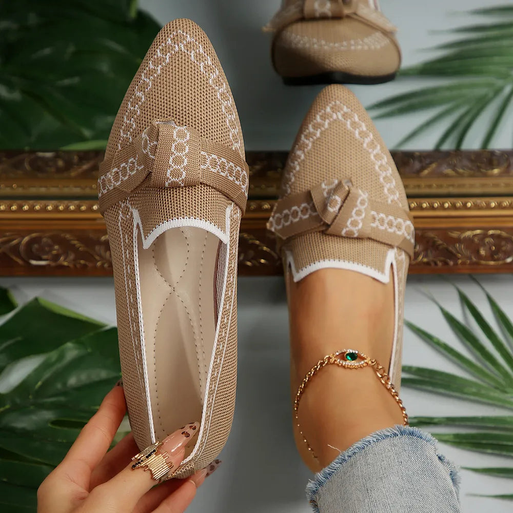 Women's Knitted Slip-On Flats with Bow | Mesh Comfort Shoes