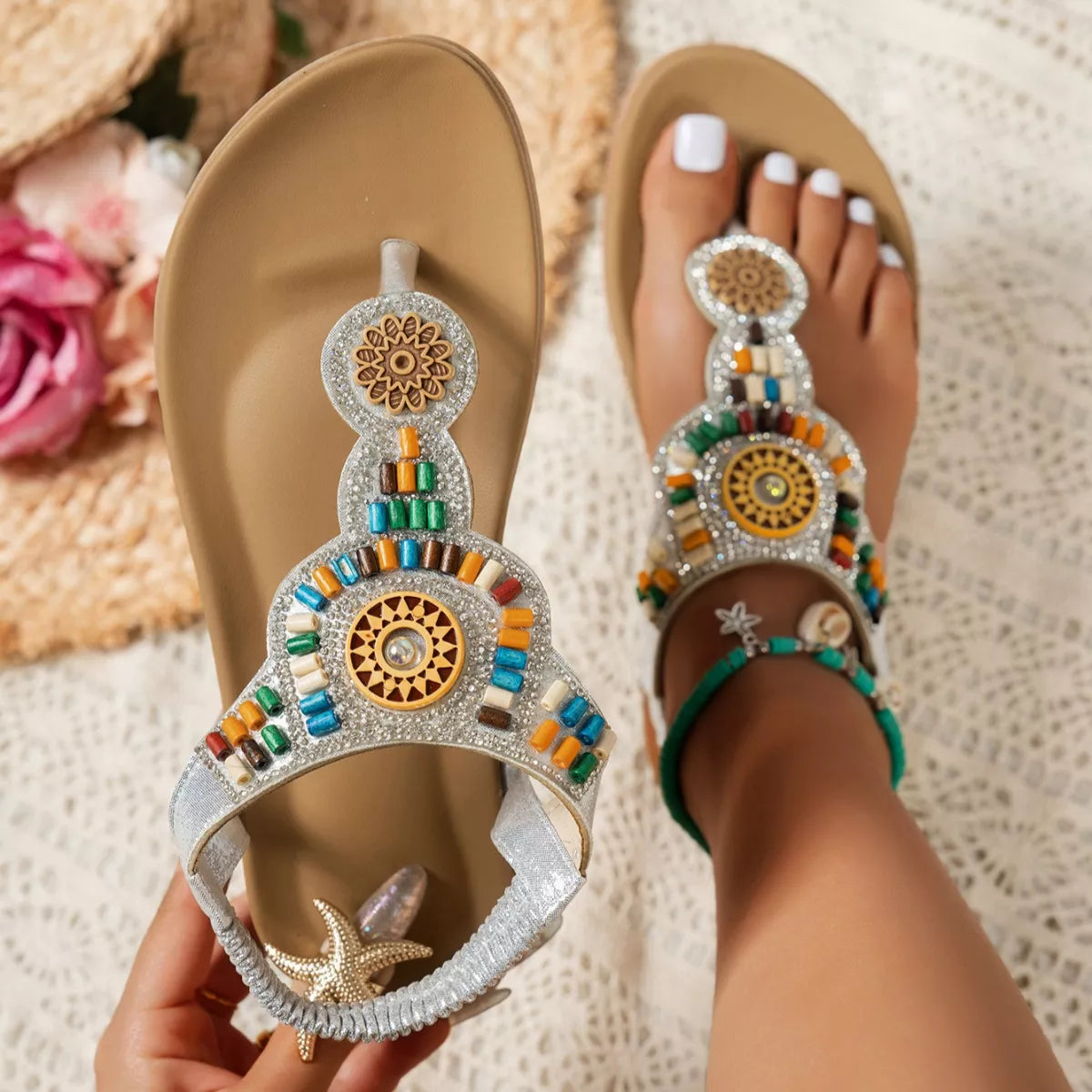 Women's Beaded Toe Post Sandals – Low Heel PU Leather | Gold & Silver