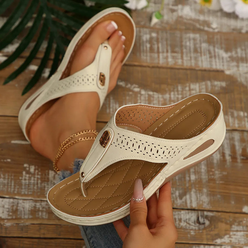 Women's Toe Post Wedge Sandals | PU Leather Low Heel Summer Shoes