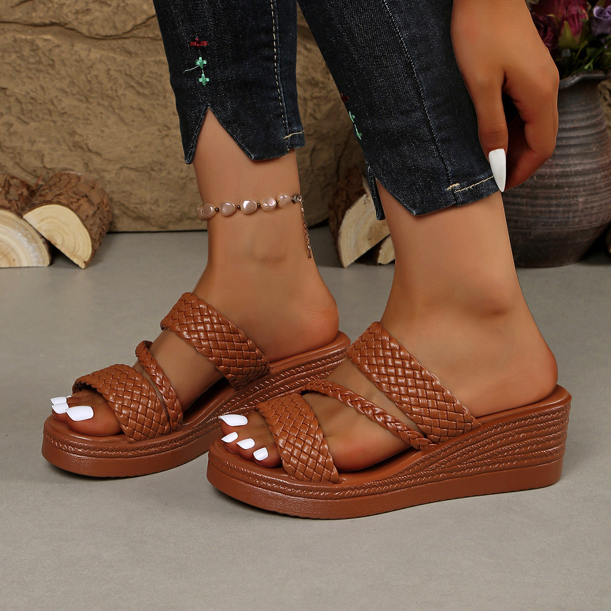 Women's Open Toe Wedge Sandals | PU Leather Mid Heel Platform Shoes