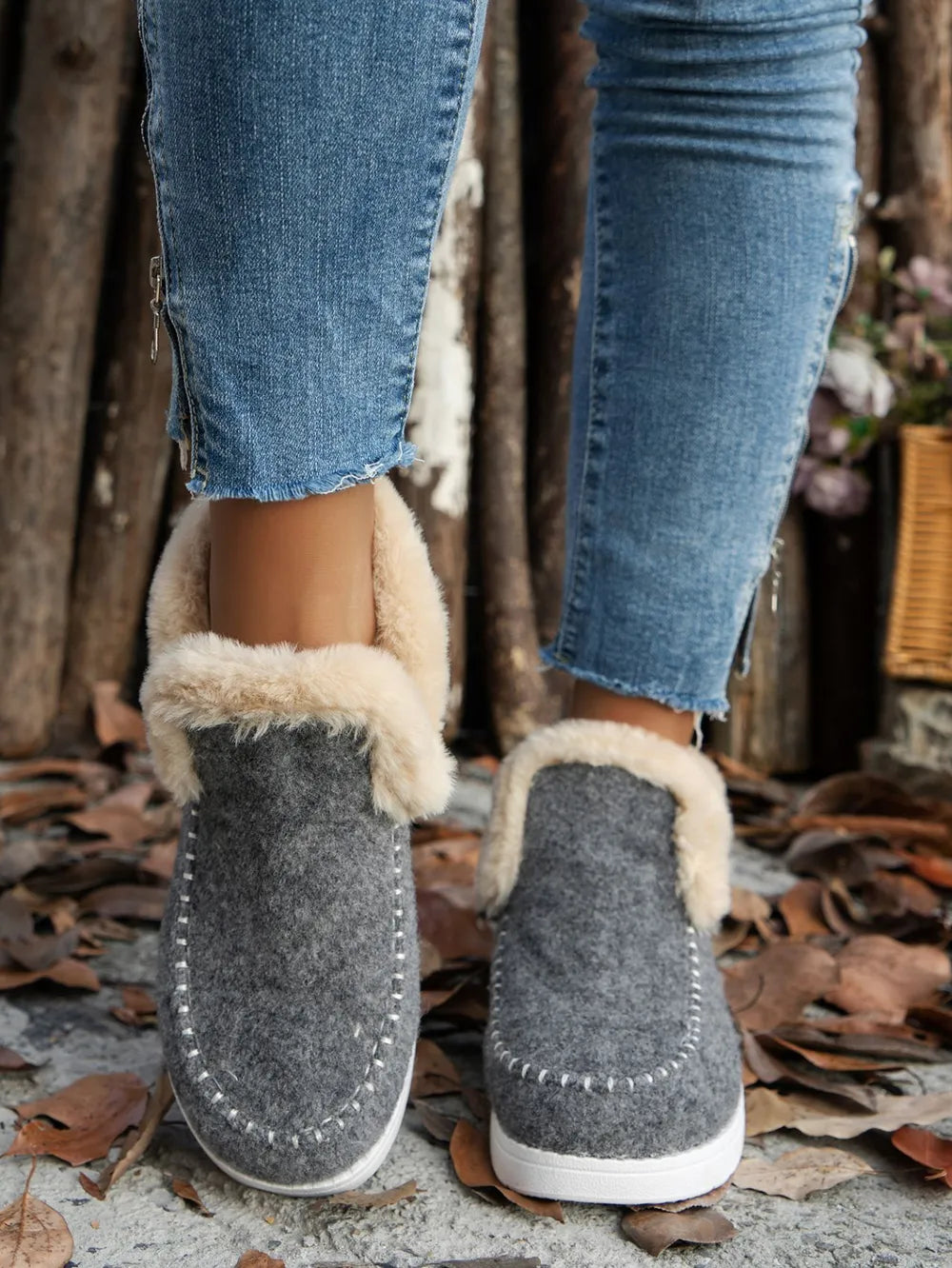 Women's Furry Suede Round Toe Flat Sneakers | Faux Fur Casual Shoes