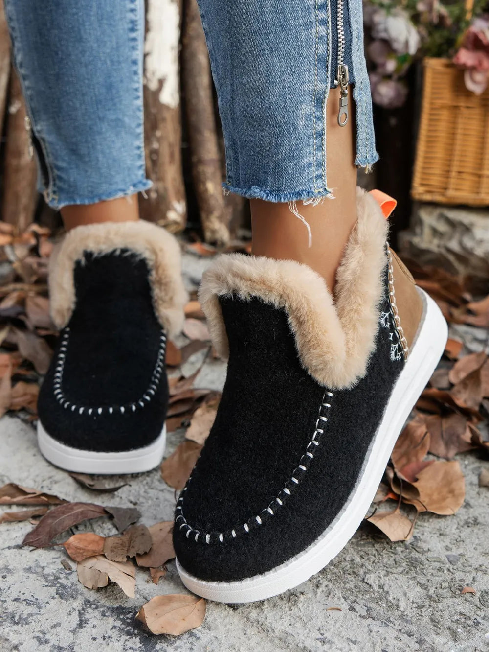 Women's Furry Suede Round Toe Flat Sneakers | Faux Fur Casual Shoes