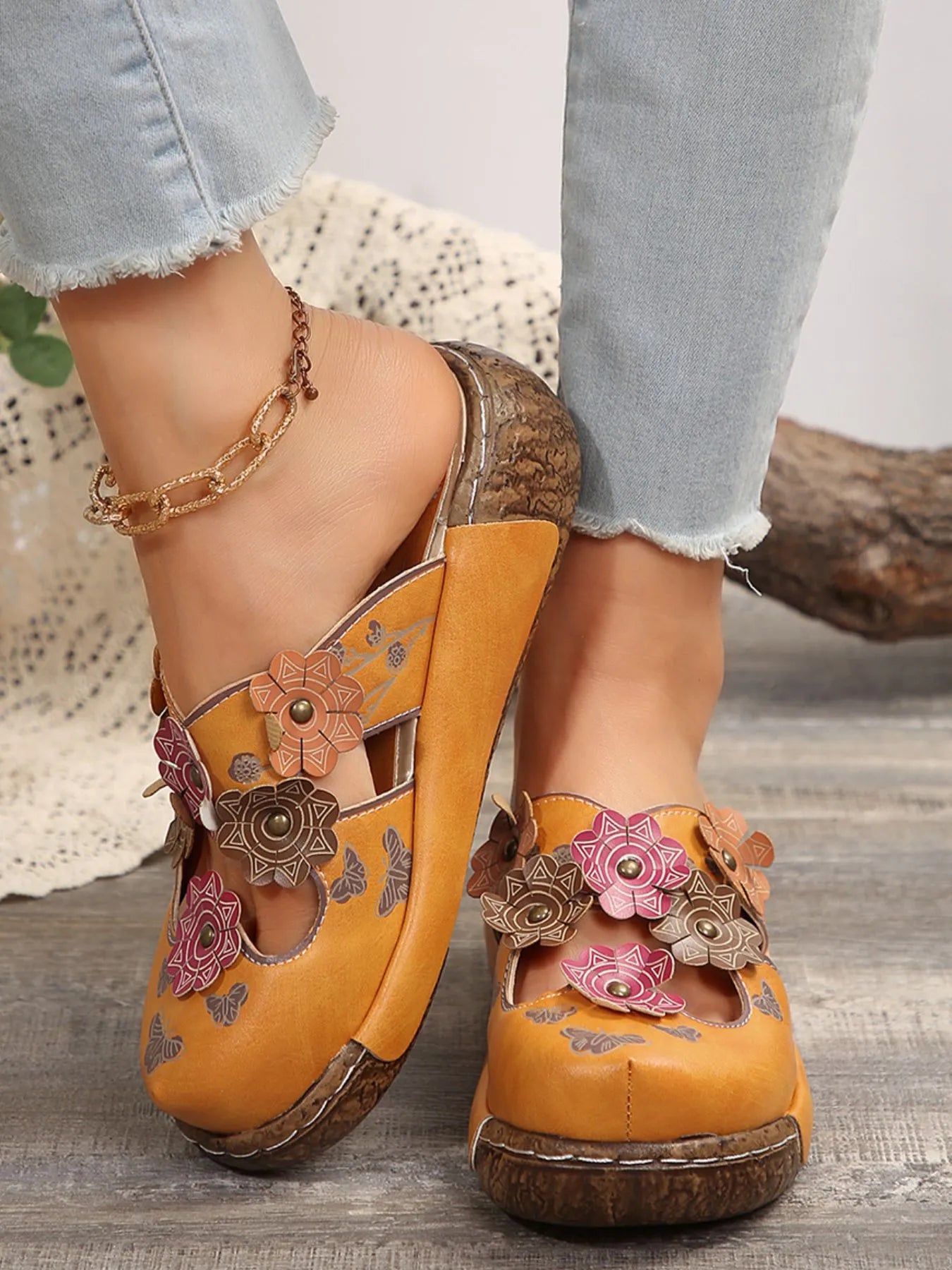 Women's Floral Flat Sandals | PU Leather Open Toe Summer Shoes