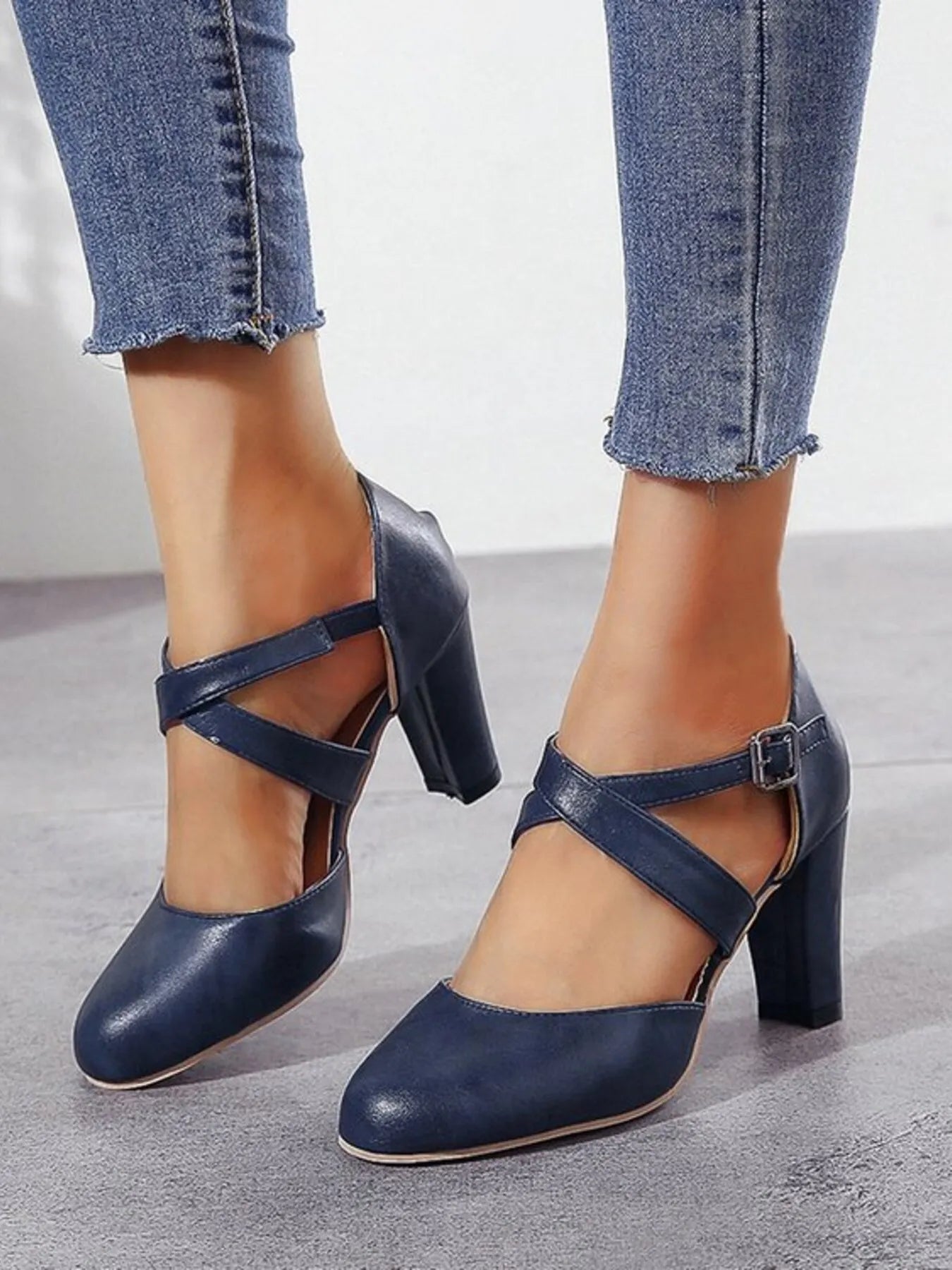 Women's Cross-Strap Block Heel Pumps | High Heel PU Leather Shoes