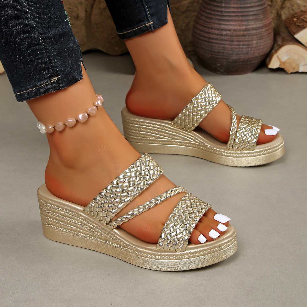 Women's Open Toe Wedge Sandals | PU Leather Mid Heel Platform Shoes