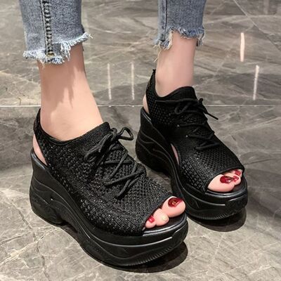 Women's Lace-Up Platform Sandals – Low Heel PU Leather